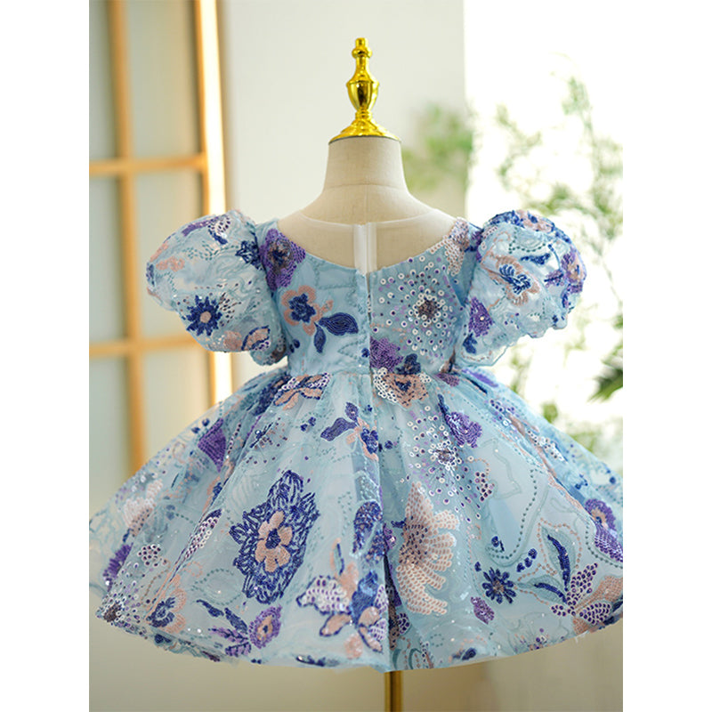 Blue Sequin Princess Flower Girl Dress with Beaded Puff Sleeves