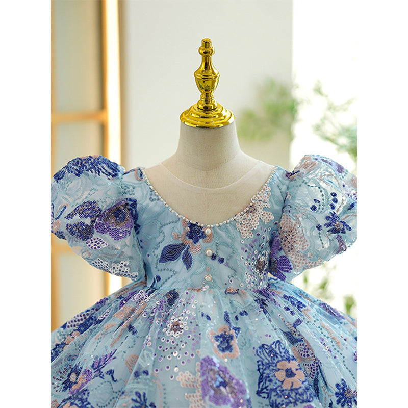 Blue Sequin Princess Flower Girl Dress with Beaded Puff Sleeves