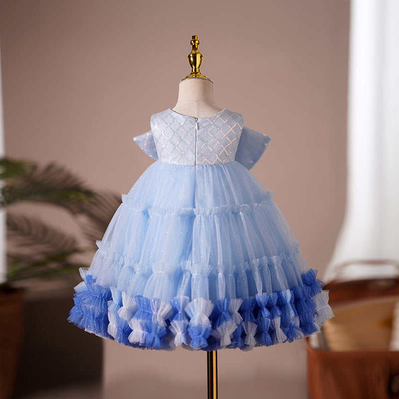Blue Sequin Tulle Flower Girl Dress | Bow & Pleats