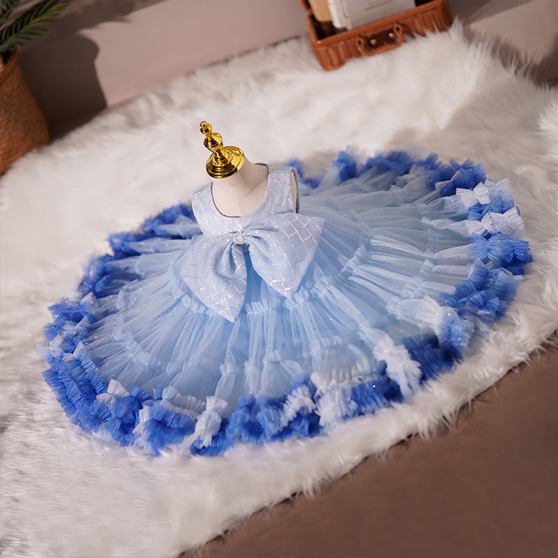 Blue Sequin Tulle Flower Girl Dress | Bow & Pleats