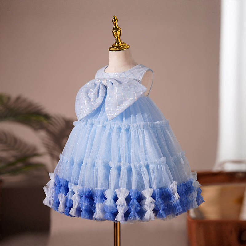 Blue Sequin Tulle Flower Girl Dress | Bow & Pleats