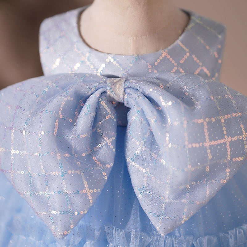 Blue Sequin Tulle Flower Girl Dress | Bow & Pleats