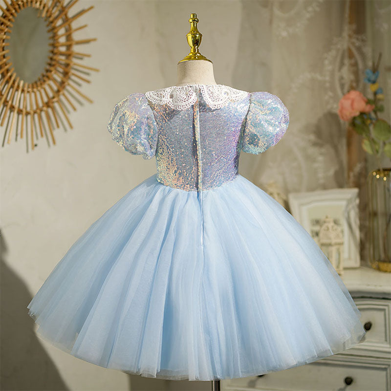 Blue Sequin Tulle Princess Flower Girl Dress Lace Puff Tea