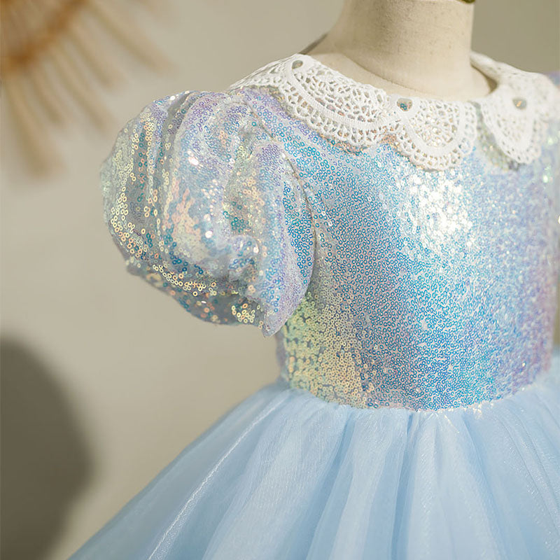 Blue Sequin Tulle Princess Flower Girl Dress Lace Puff Tea