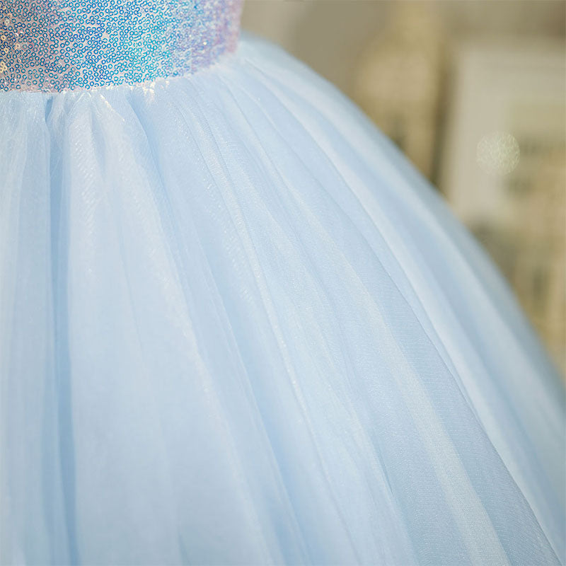 Blue Sequin Tulle Princess Flower Girl Dress Lace Puff Tea