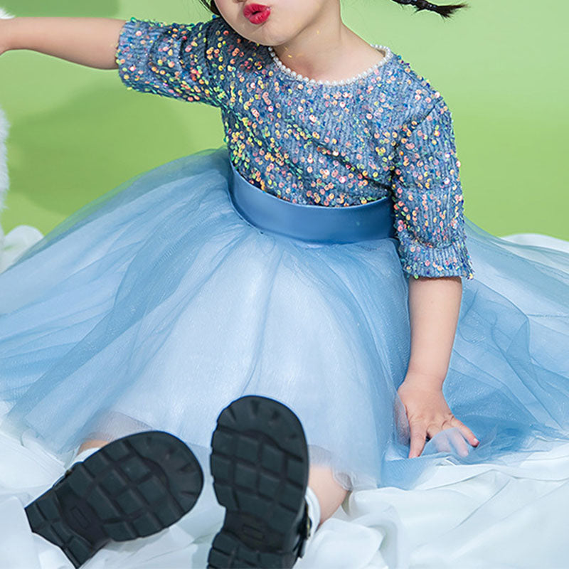 Blue Sequin Tulle Princess Flower Girl Dress Short Sleeve Knee