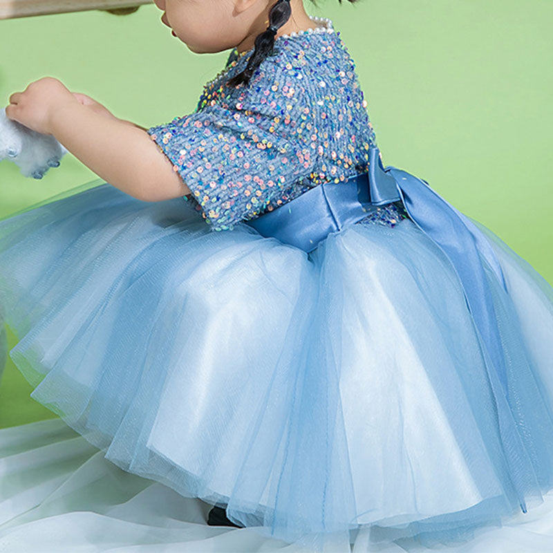 Blue Sequin Tulle Princess Flower Girl Dress Short Sleeve Knee