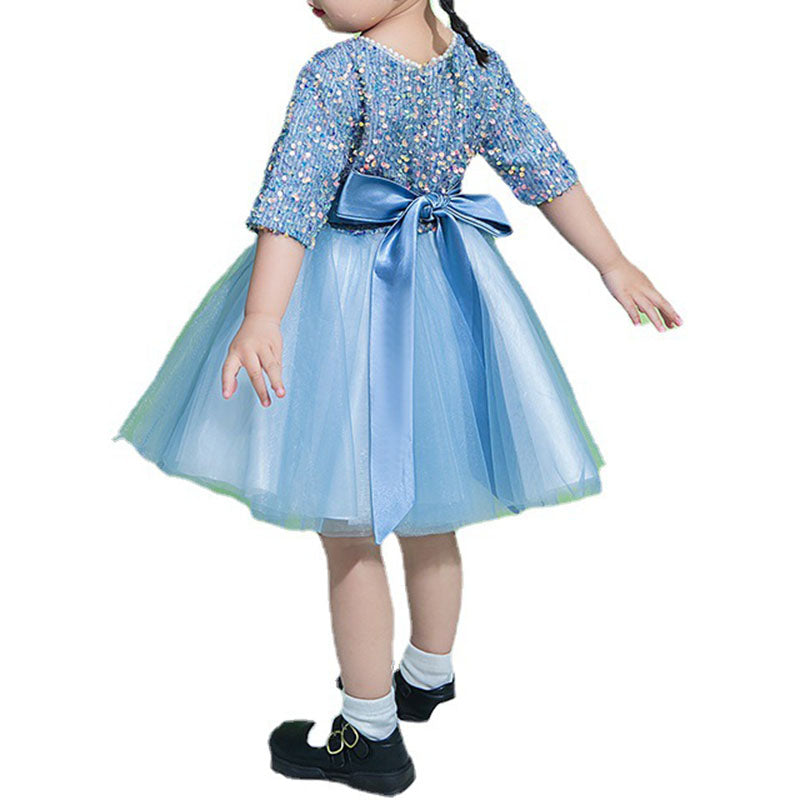 Blue Sequin Tulle Princess Flower Girl Dress Short Sleeve Knee