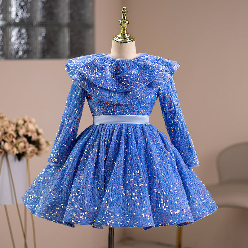 Blue Sequined Princess Flower Girl Dress Long Sleeve