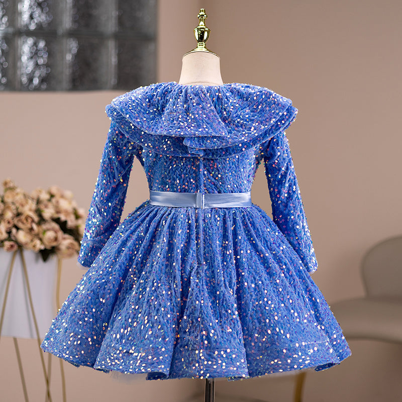 Blue Sequined Princess Flower Girl Dress Long Sleeve