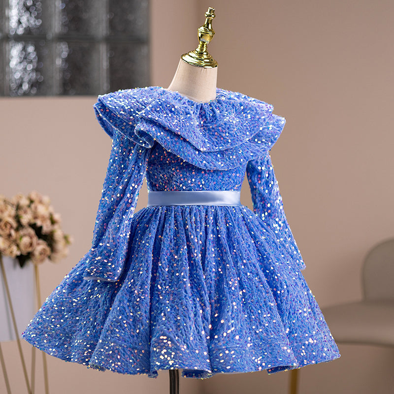 Blue Sequined Princess Flower Girl Dress Long Sleeve