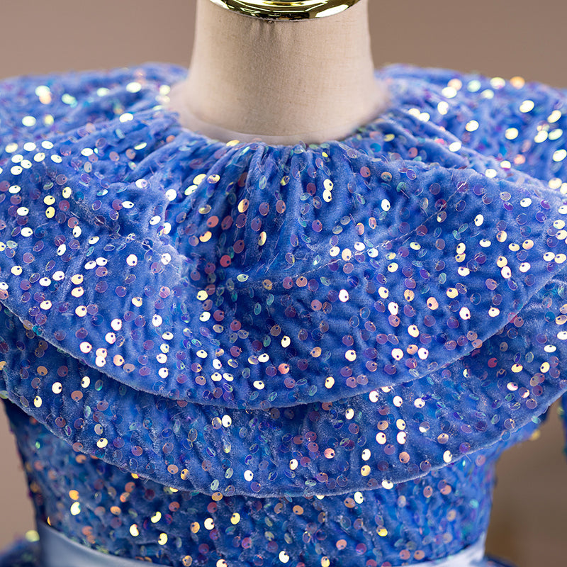 Blue Sequined Princess Flower Girl Dress Long Sleeve
