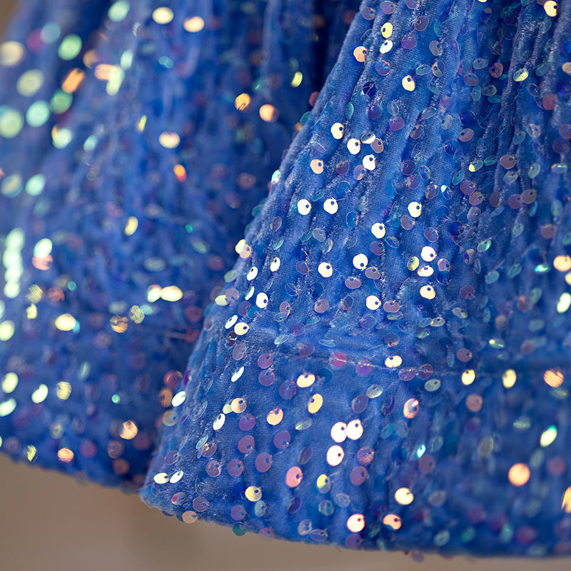 Blue Sequined Princess Flower Girl Dress Long Sleeve