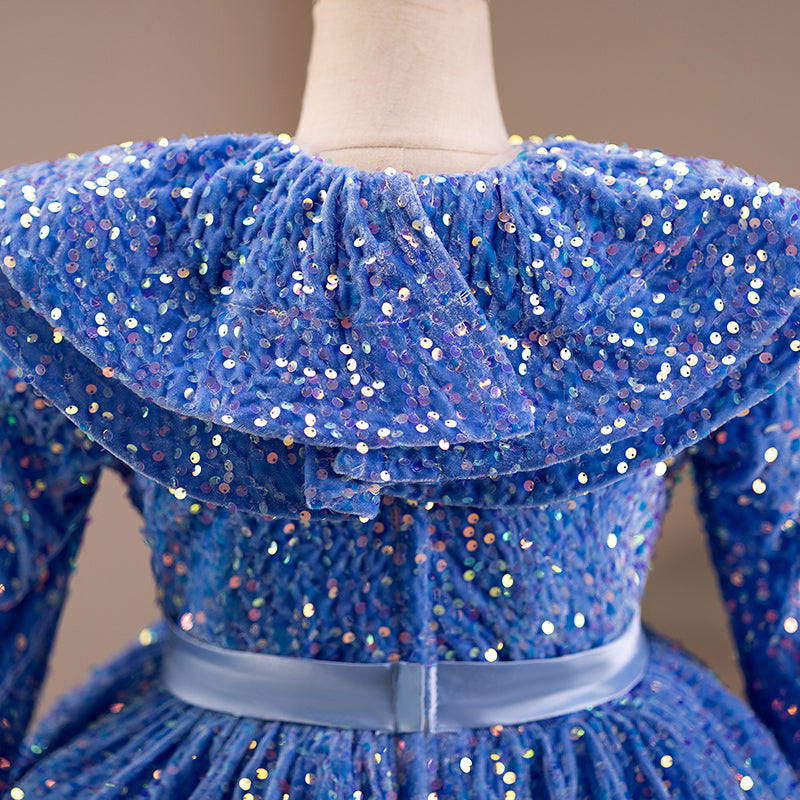 Blue Sequined Princess Flower Girl Dress Long Sleeve
