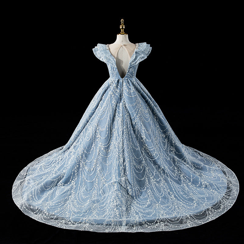 Blue A-Line Sequined Princess Dress with Tiered Skirt for Girls | Special Occasion Kids Gown