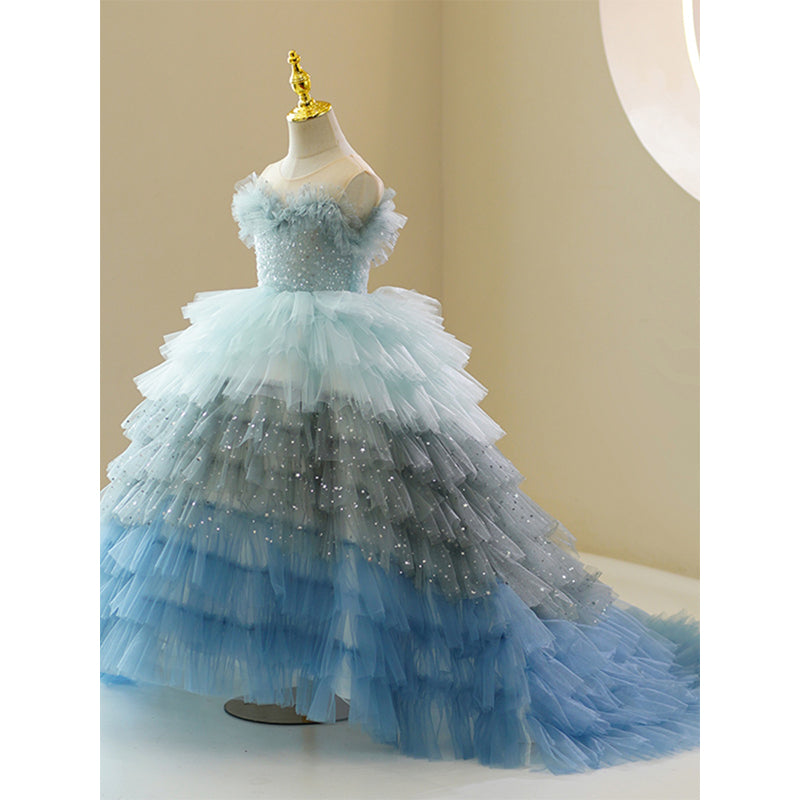 Blue Puffy Sequined Tulle Ball Gown Dress for Girls | Floor Length Special Occasion Dress