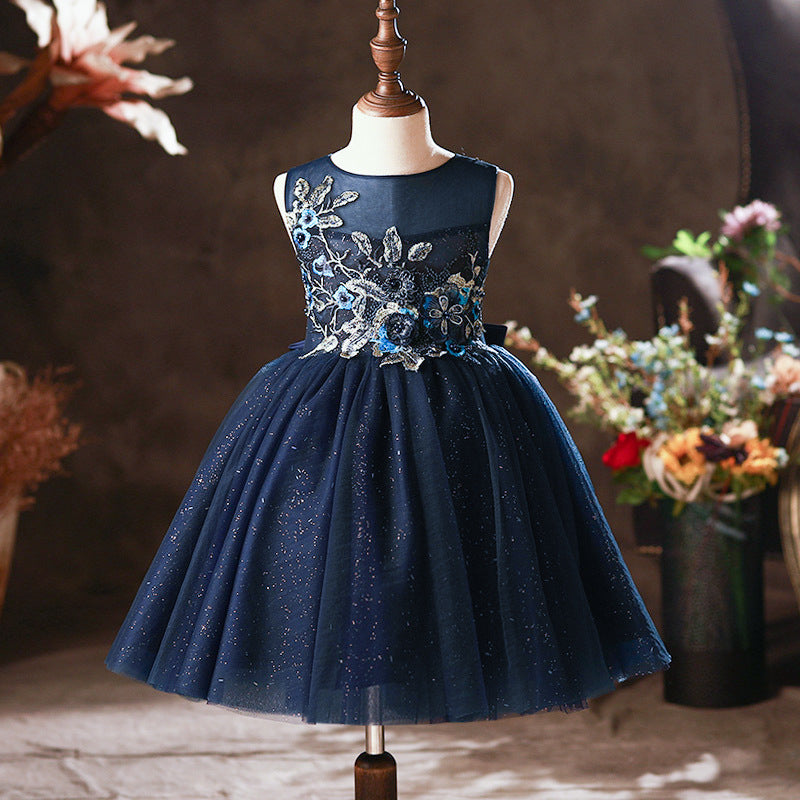 Blue Sleeveless A-Line Lace Flower Girl Dress