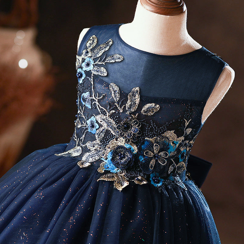 Blue Sleeveless A-Line Lace Flower Girl Dress