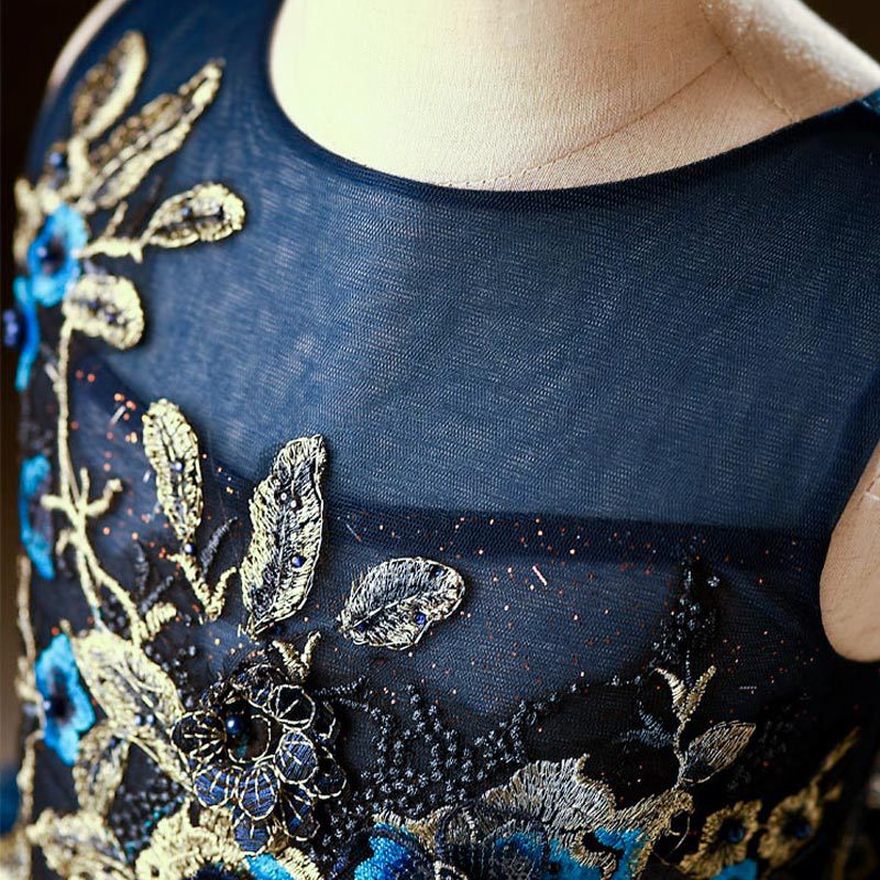Blue Sleeveless A-Line Lace Flower Girl Dress