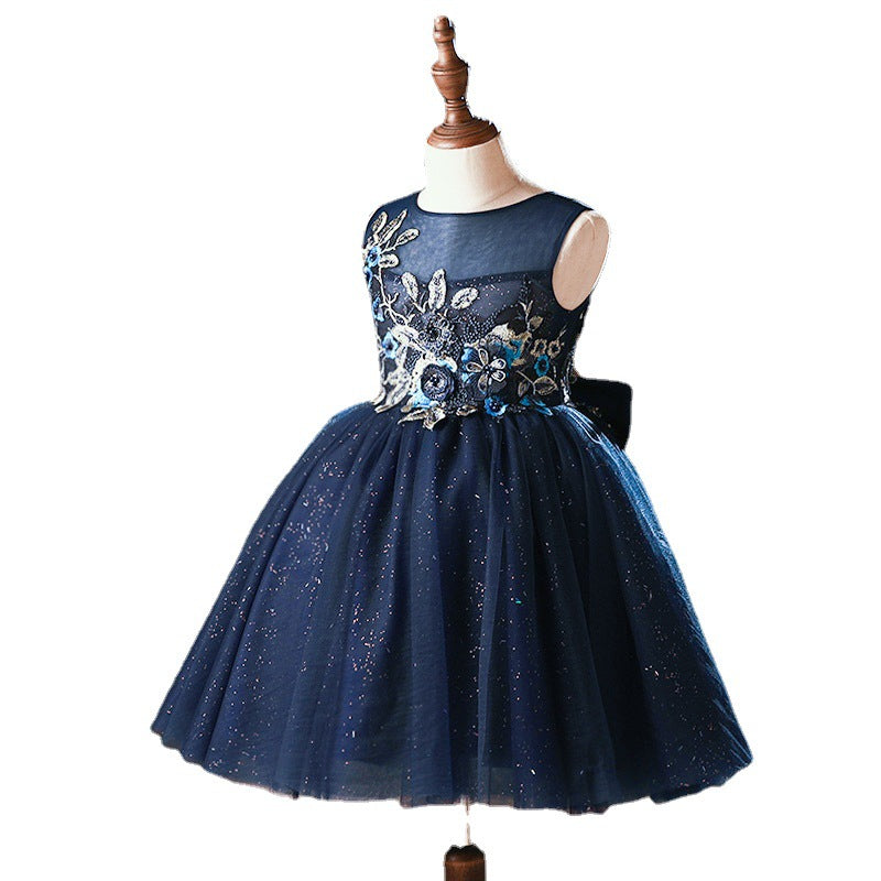 Blue Sleeveless A-Line Lace Flower Girl Dress