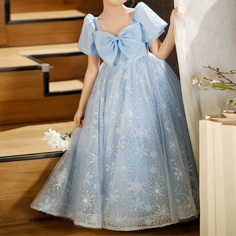 Blue Princess Dress for Girls – Sequined Tulle Snowflake Gown with Bow