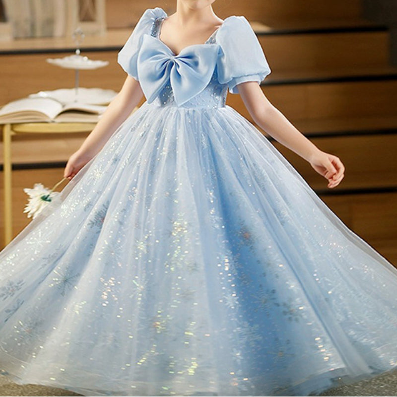 Blue Princess Dress for Girls – Sequined Tulle Snowflake Gown with Bow