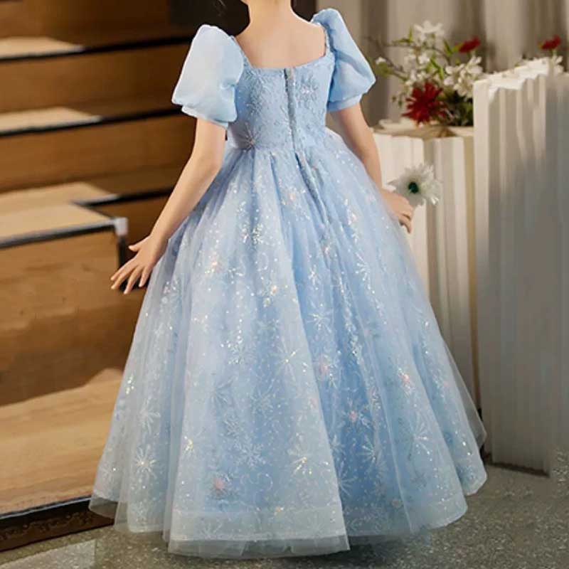 Blue Princess Dress for Girls – Sequined Tulle Snowflake Gown with Bow