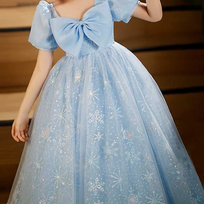 Blue Princess Dress for Girls – Sequined Tulle Snowflake Gown with Bow