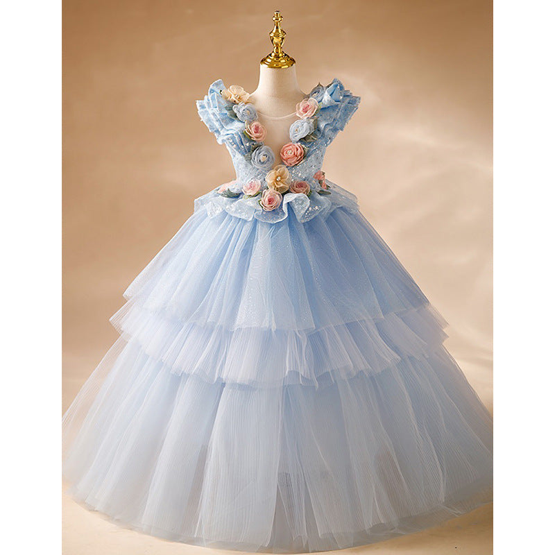 Blue Tulle A-Line Flower Girl Dress - Floral, Sequins, V-Neck