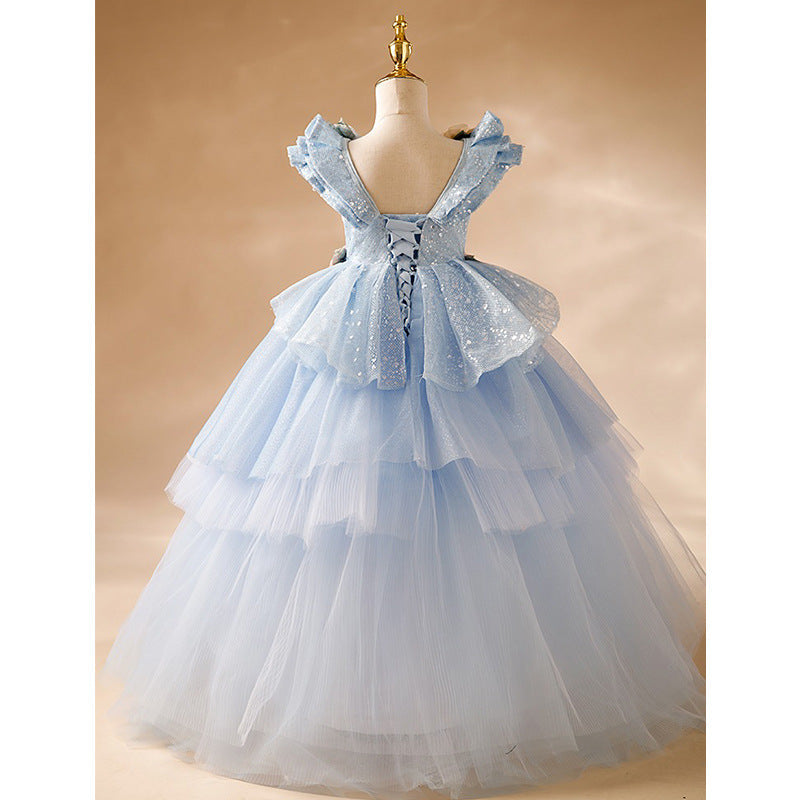 Blue Tulle A-Line Flower Girl Dress - Floral, Sequins, V-Neck