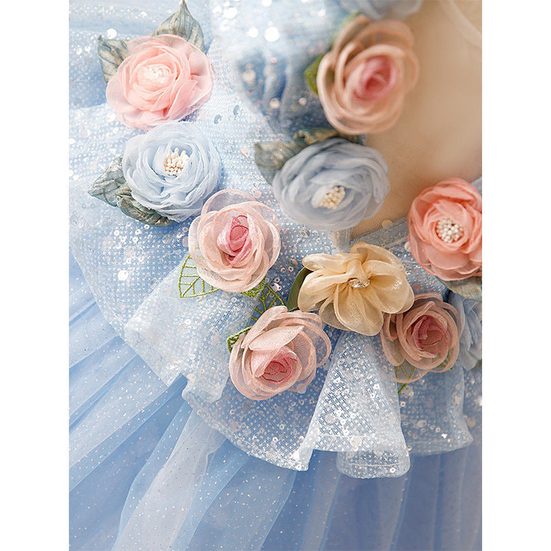 Blue Tulle A-Line Flower Girl Dress - Floral, Sequins, V-Neck