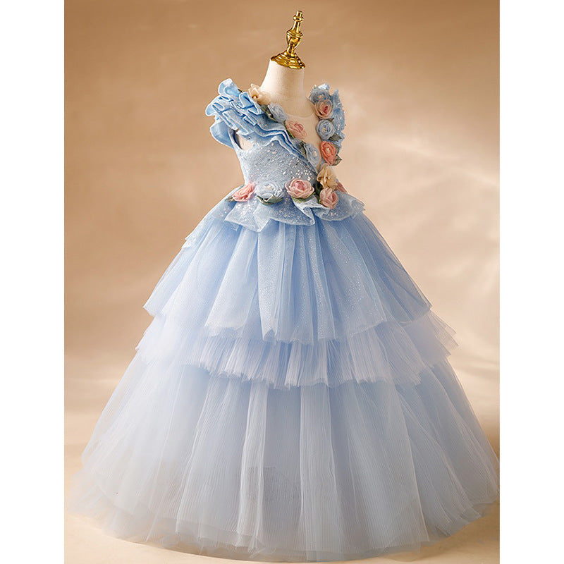 Blue Tulle A-Line Flower Girl Dress - Floral, Sequins, V-Neck
