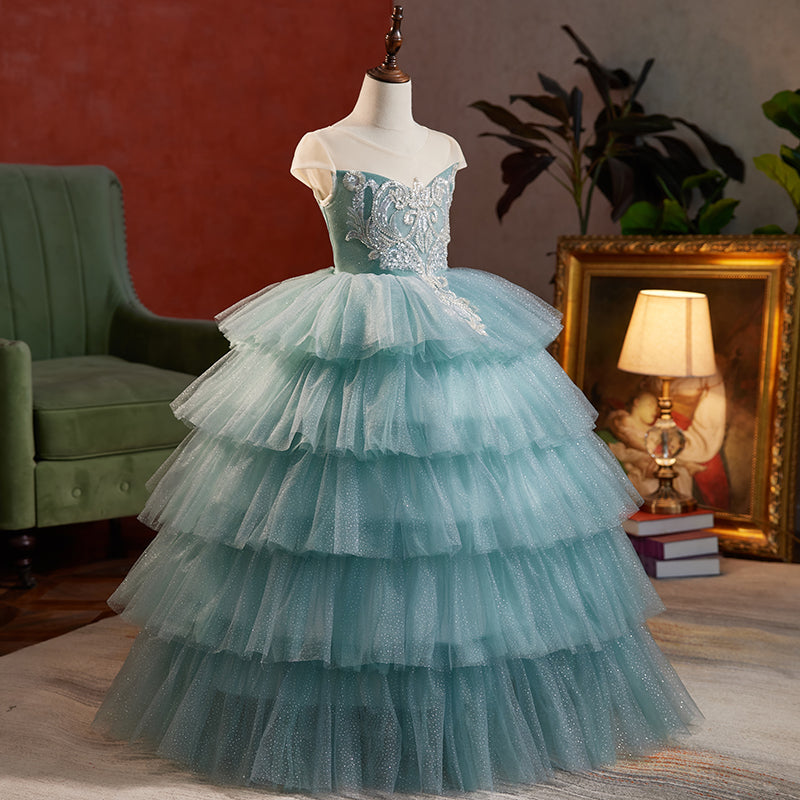 Blue Tulle Princess Flower Girl Dress with Lace & Sequins