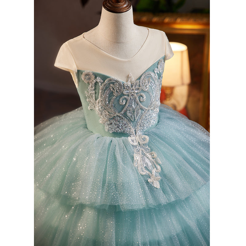 Blue Tulle Princess Flower Girl Dress with Lace & Sequins