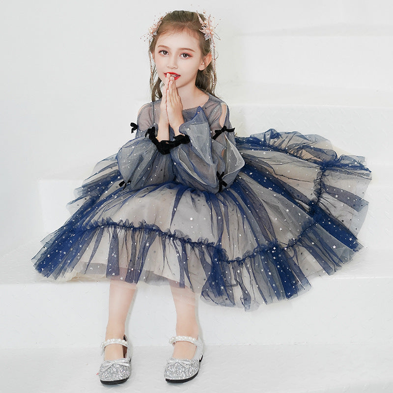 Blue Tulle Princess Knee-Length Flower Girl Dress with Sequins