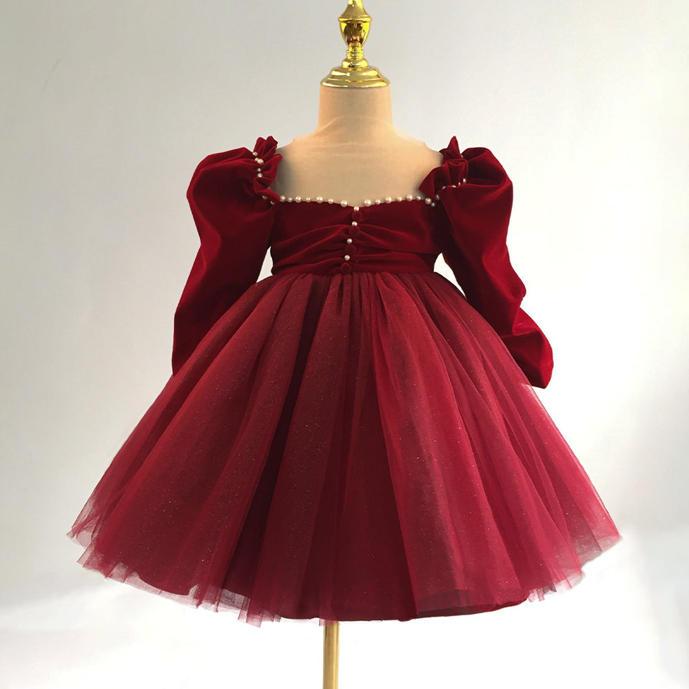 Burgundy A-Line Flower Girl Dress with Velvet and Tulle