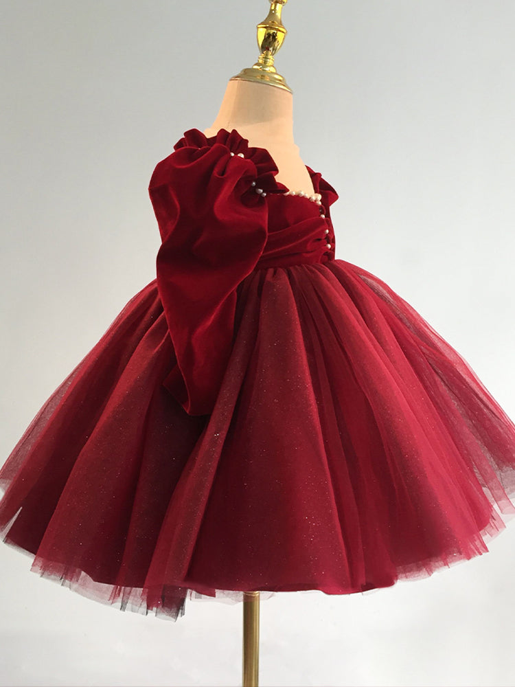 Burgundy A-Line Flower Girl Dress with Velvet and Tulle