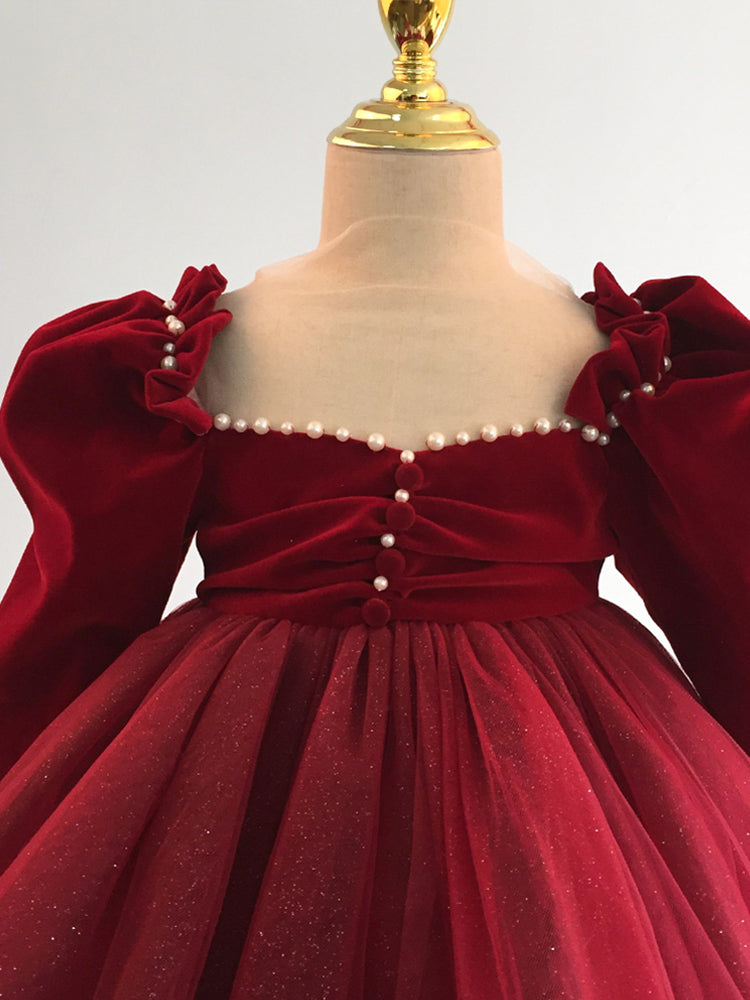 Burgundy A-Line Flower Girl Dress with Velvet and Tulle