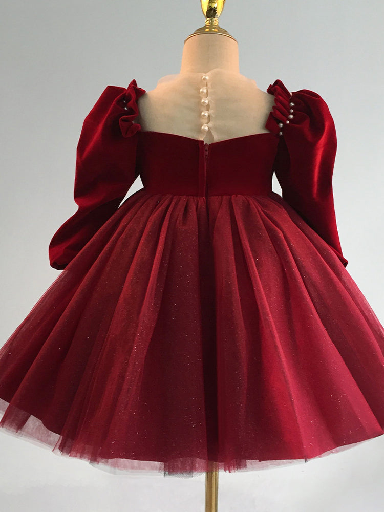 Burgundy A-Line Flower Girl Dress with Velvet and Tulle