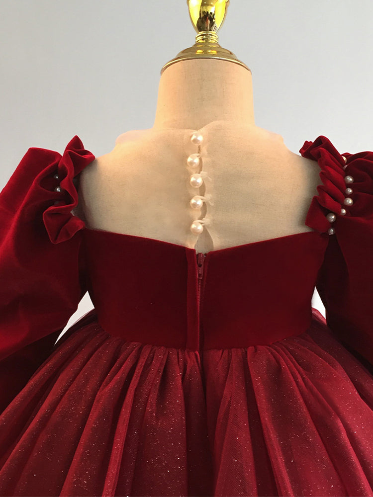 Burgundy A-Line Flower Girl Dress with Velvet and Tulle