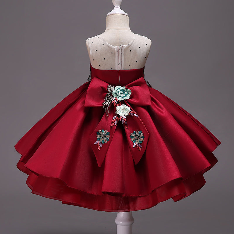 Burgundy A-line Satin Flower Girl Dress with Embroidered Ruffles