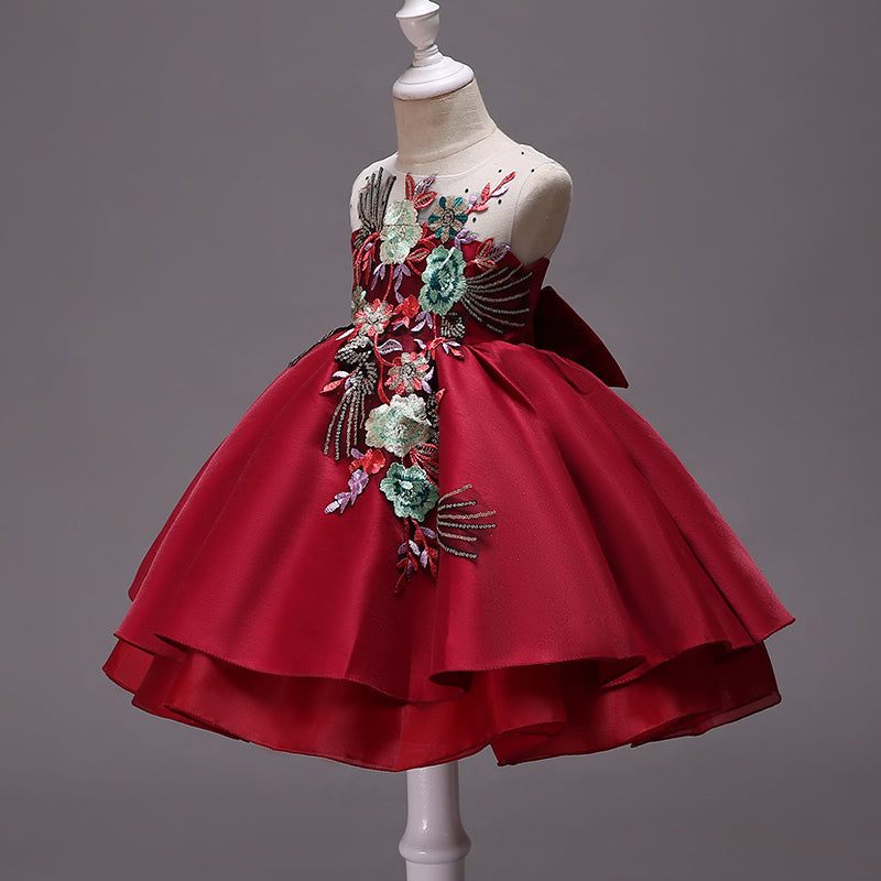 Burgundy A-line Satin Flower Girl Dress with Embroidered Ruffles