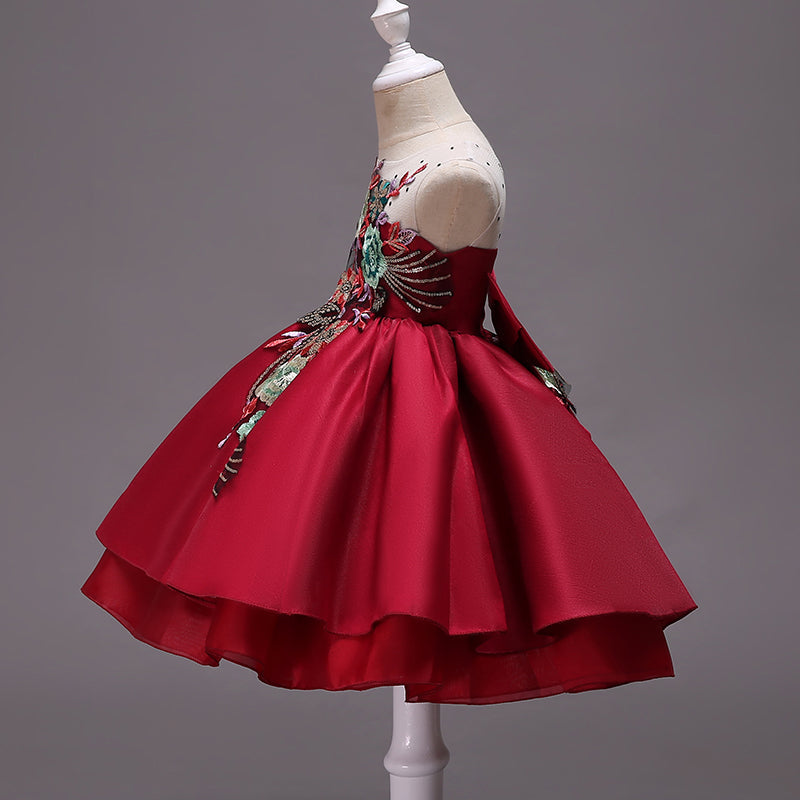 Burgundy A-line Satin Flower Girl Dress with Embroidered Ruffles