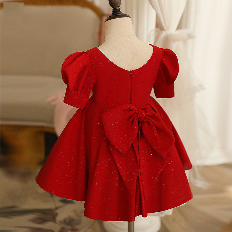 Burgundy A-Line Tea-Length Flower Girl Dress with Pleated Detail