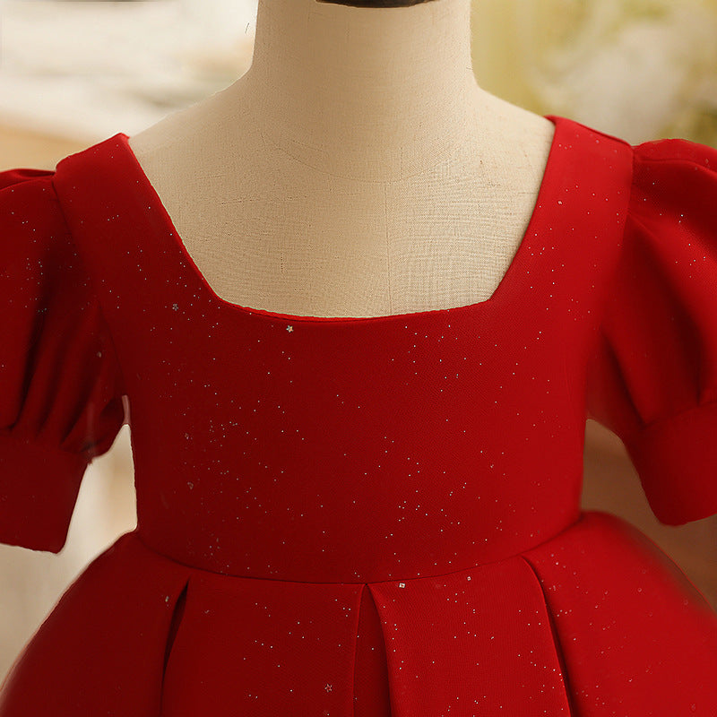 Burgundy A-Line Tea-Length Flower Girl Dress with Pleated Detail