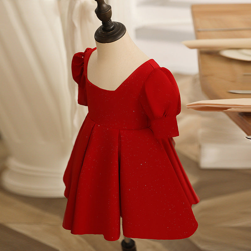 Burgundy A-Line Tea-Length Flower Girl Dress with Pleated Detail
