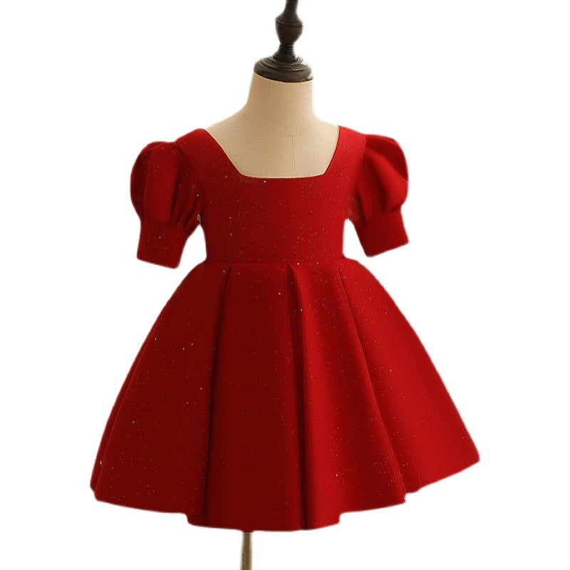 Burgundy A-Line Tea-Length Flower Girl Dress with Pleated Detail