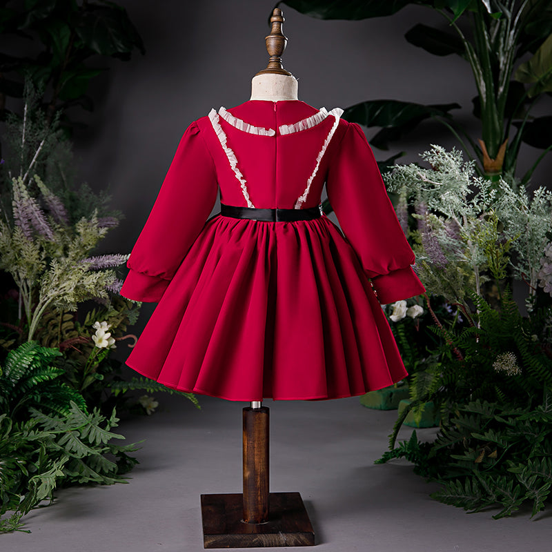 Burgundy A-Line Tea-Length Flower Girl Dress with Ruffles