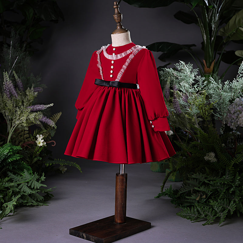 Burgundy A-Line Tea-Length Flower Girl Dress with Ruffles