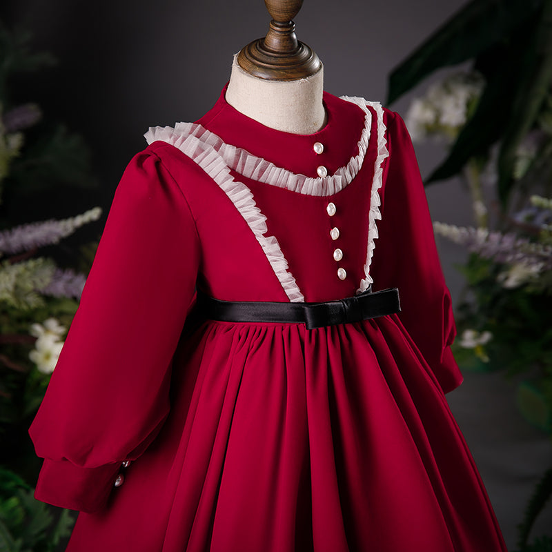 Burgundy A-Line Tea-Length Flower Girl Dress with Ruffles